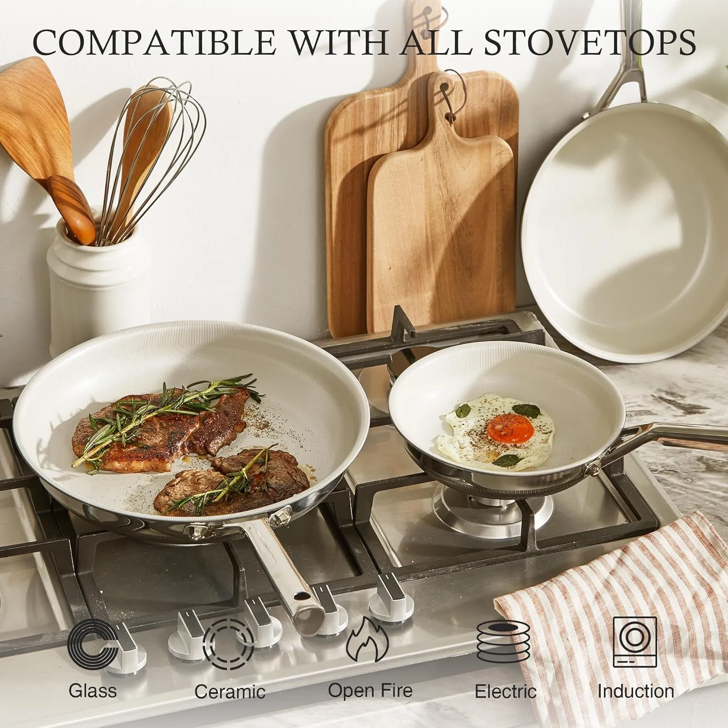 KITEXPERT Non Stick Frying Pans Set - 3 Piece (8", 10", 12") Beige Titanium Ceramic Pan, Nonstick Skillet Stainless Steel, PFAS, PFOA & PTFE Free, Dishwasher & Oven Safe, All Cooktops Compatible