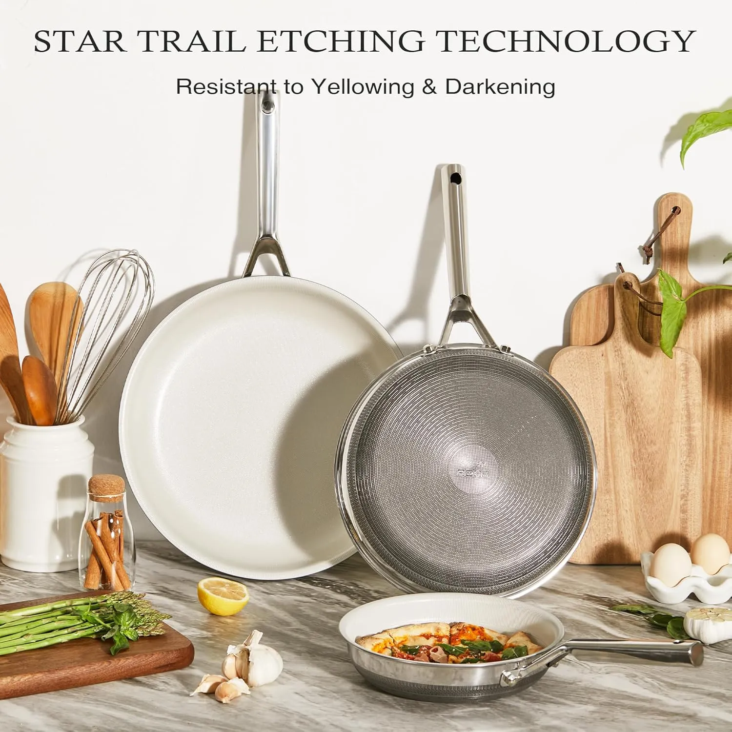 KITEXPERT Non Stick Frying Pans Set - 3 Piece (8", 10", 12") Beige Titanium Ceramic Pan, Nonstick Skillet Stainless Steel, PFAS, PFOA & PTFE Free, Dishwasher & Oven Safe, All Cooktops Compatible