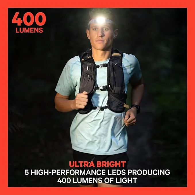 KNOG Bilby Run 400 Super Bright Headlamp - Lightweight, Zero-Bounce Headlamp for Running with Red Halo Effect, Multiple Light Modes, USB Rechargeable, 100m Beam, IP67 Waterproof, Coral