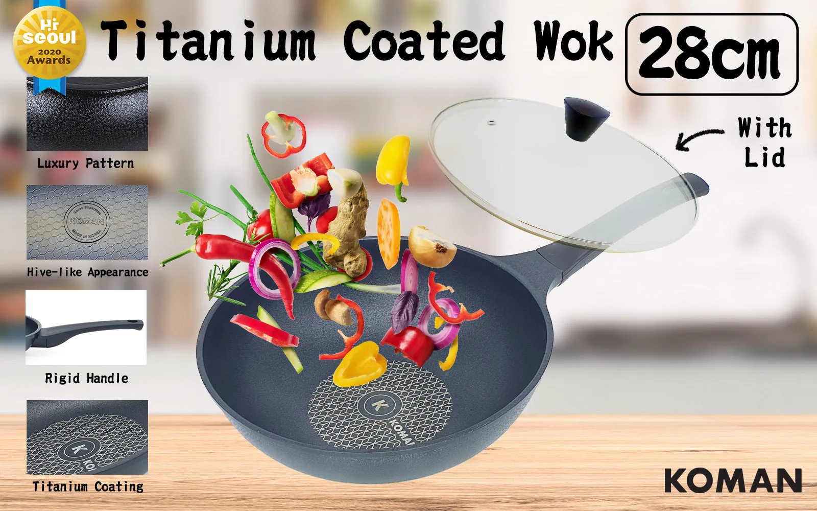 KOMAN Non-Stick Titanium Coating Wok Pan 28cm   Glass Lid