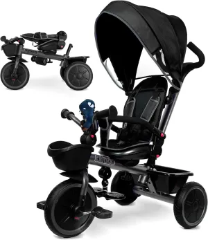 KRIDDO 7-in-1 Tricycle Stroller for Toddlers 18 Months to 5 Years, Adjustable Push Handle, Rotatable Seat, Cup Holder and Retractable Canopy, Folding Baby Trike w/Detachable Guardrail, Footrest, GY