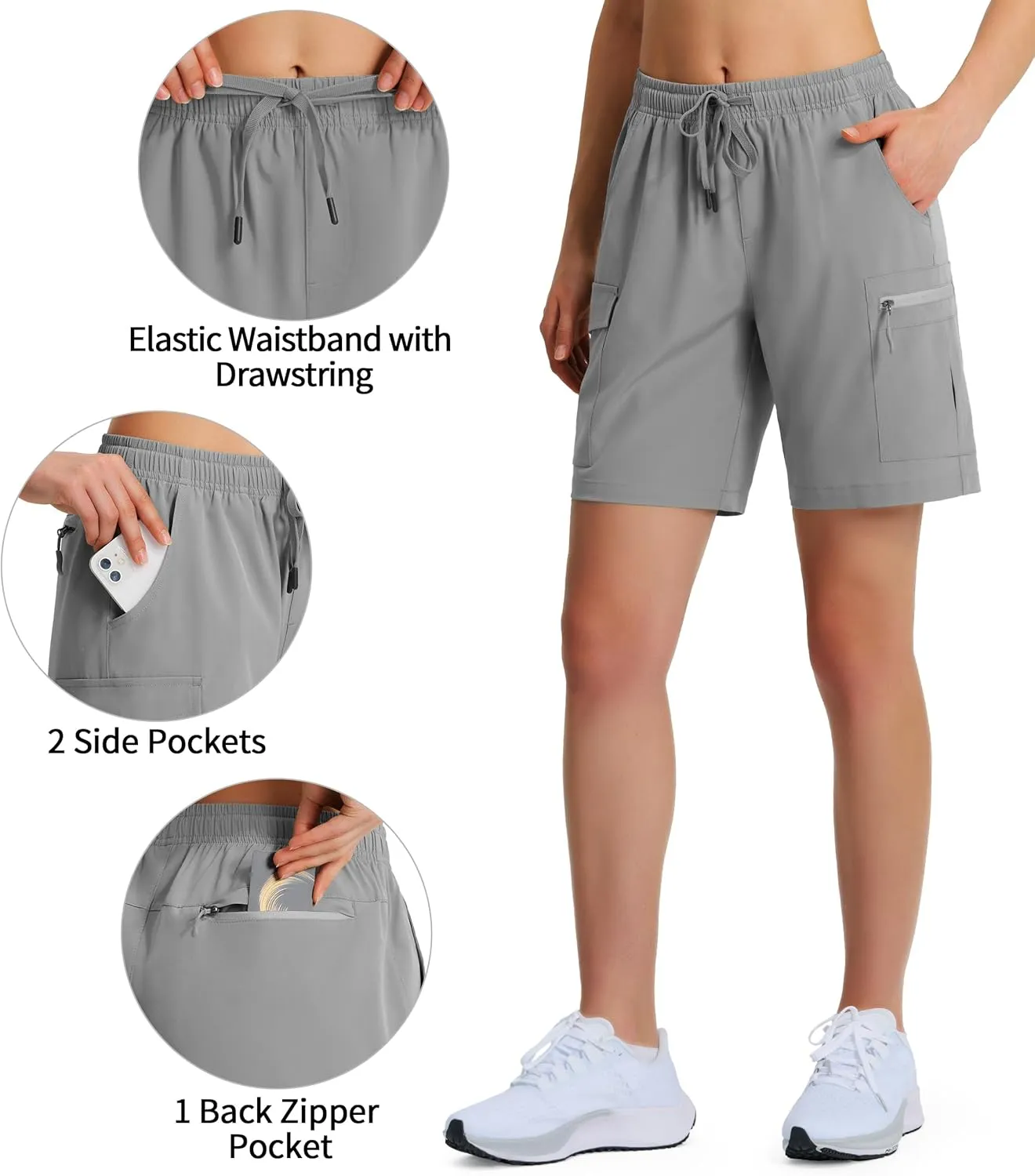 Ksmien Women's 7" Hiking Cargo Shorts Lightweight Quick Dry Ladies Summer Shorts with Zipper Pockets for Travel Golf