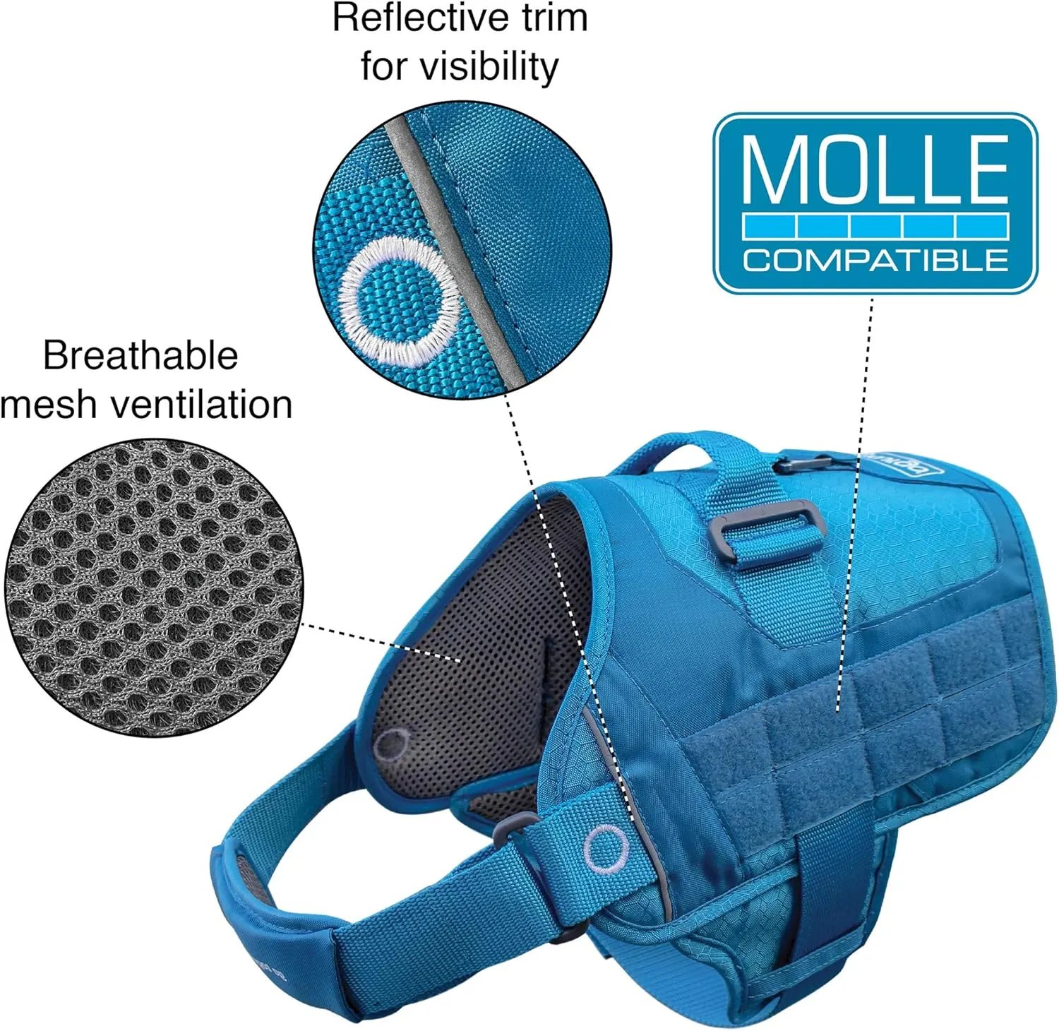 Kurgo Molle Clip Compatible Dog Harness, Molle Vest for Dogs, Service Dog Training Vest, Service Dog Molle Vest, Rsg Townie Dog Harness, for Small, Medium & Large Dogs (Medium, Coastal Blue)