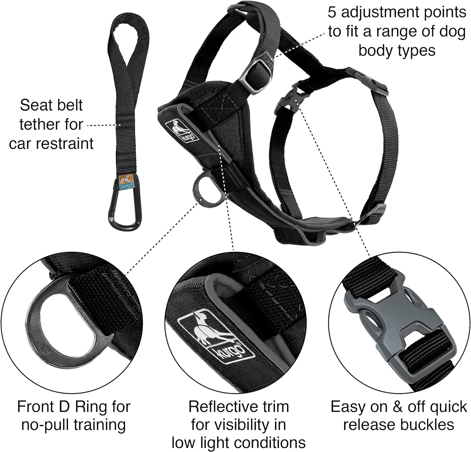 Kurgo Tru-Fit Smart Harness, Dog Harness, Pet Walking Harness, Quick Release Buckles, Front D-Ring for No Pull Training, Includes Dog Seat Belt Tether (Black, Large)