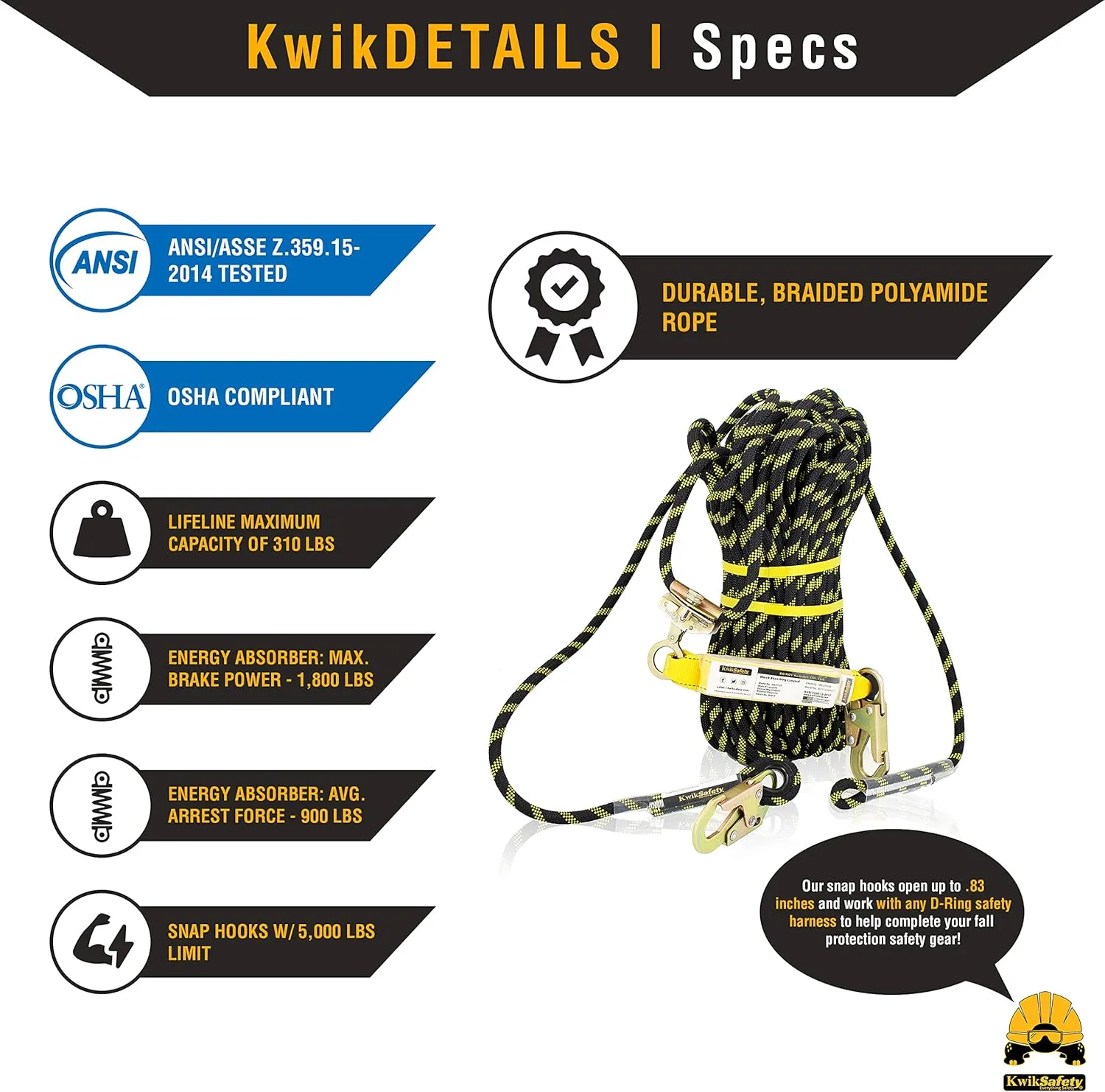KwikSafety - Charlotte, NC - Tsunami [Premium Braided Rope] Vertical Lifeline ANSI OSHA Rope Grab Snap Hook Shock Absorber Fall Protection Line Kit Restraint System Roofing Safety Equipment / 50 FT.