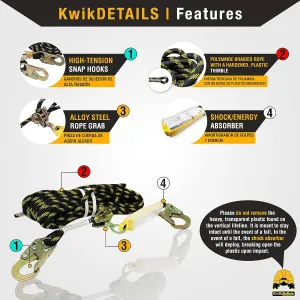 KwikSafety - Charlotte, NC - Tsunami [Premium Braided Rope] Vertical Lifeline ANSI OSHA Rope Grab Snap Hook Shock Absorber Fall Protection Line Kit Restraint System Roofing Safety Equipment / 50 FT.
