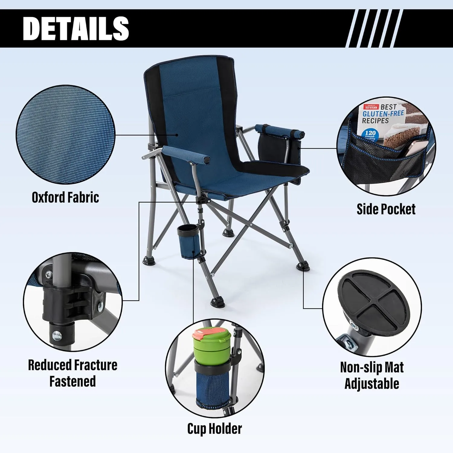 Lamberia Camping Chair for Adults, Heavy Duty 330lbs Capacity Folding Chairs for Outdoor, 600D Oxford Mesh High Back Camping Chairs with Arm Rest Cup Holder and Portable Carrying Bag(Blue)