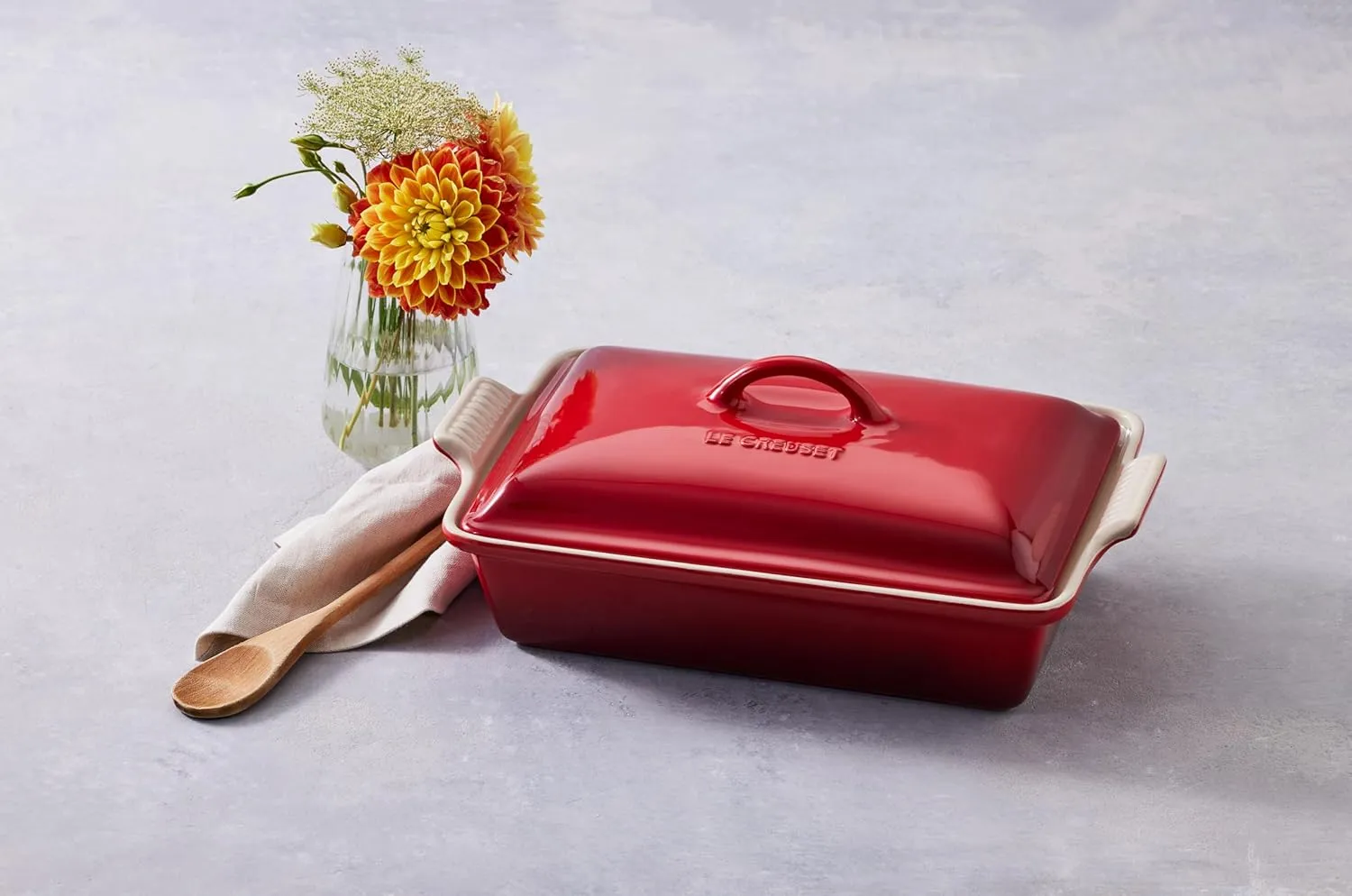 Le Creuset Stoneware Heritage Covered Rectangular Casserole, 4 qt. (12" x 9"), Cerise