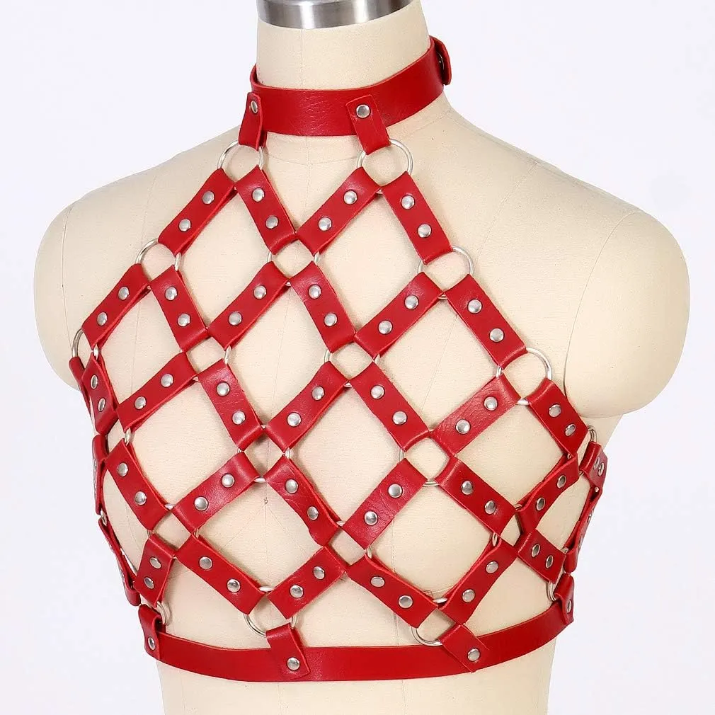 Leather Body Harness Bra for Women Punk Goth Tops Cage Strap Adjust Plus Size Festival Rave Costume