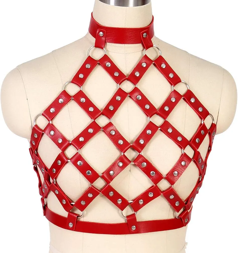 Leather Body Harness Bra for Women Punk Goth Tops Cage Strap Adjust Plus Size Festival Rave Costume