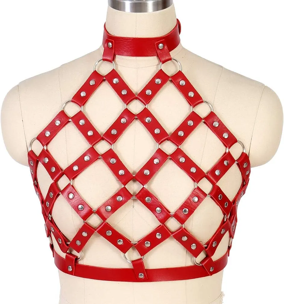 Leather Body Harness Bra for Women Punk Goth Tops Cage Strap Adjust Plus Size Festival Rave Costume