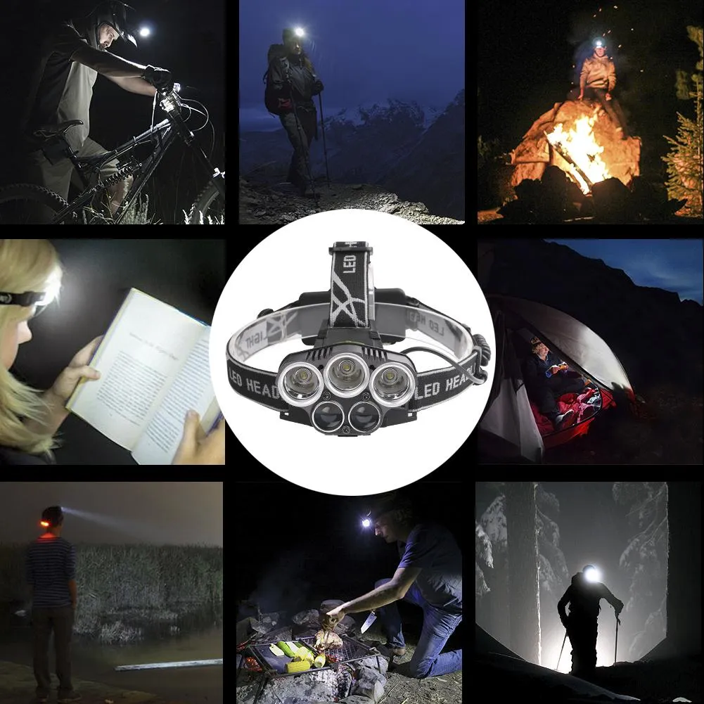 LED Headlamp 5 CREE XM-L T6 15000 lumens LED USB