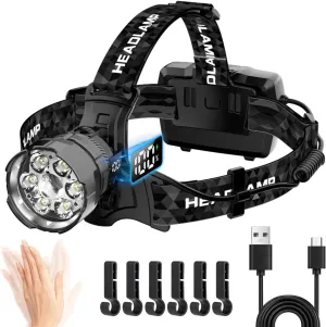 LED Headlamp Rechargeable, High Lumen Super Bright Head Lamp for Adults with Motion Sensor, 7 Modes, IPX7 Waterproof, 150° Adjustable Headlamps for Forehead Camping Hiking