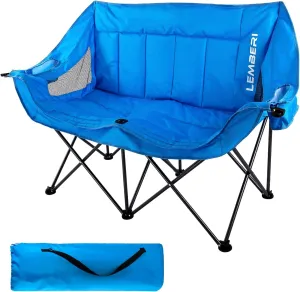 LEMBERI Oversized Outdoor Double Camping Chair with Strap, Portable Folding Loveseat for Adults, XL Heavy Duty Camping Chair Supports to 650lbs with Cup Holders, Glass Holders, Back Storage Bag, Blue