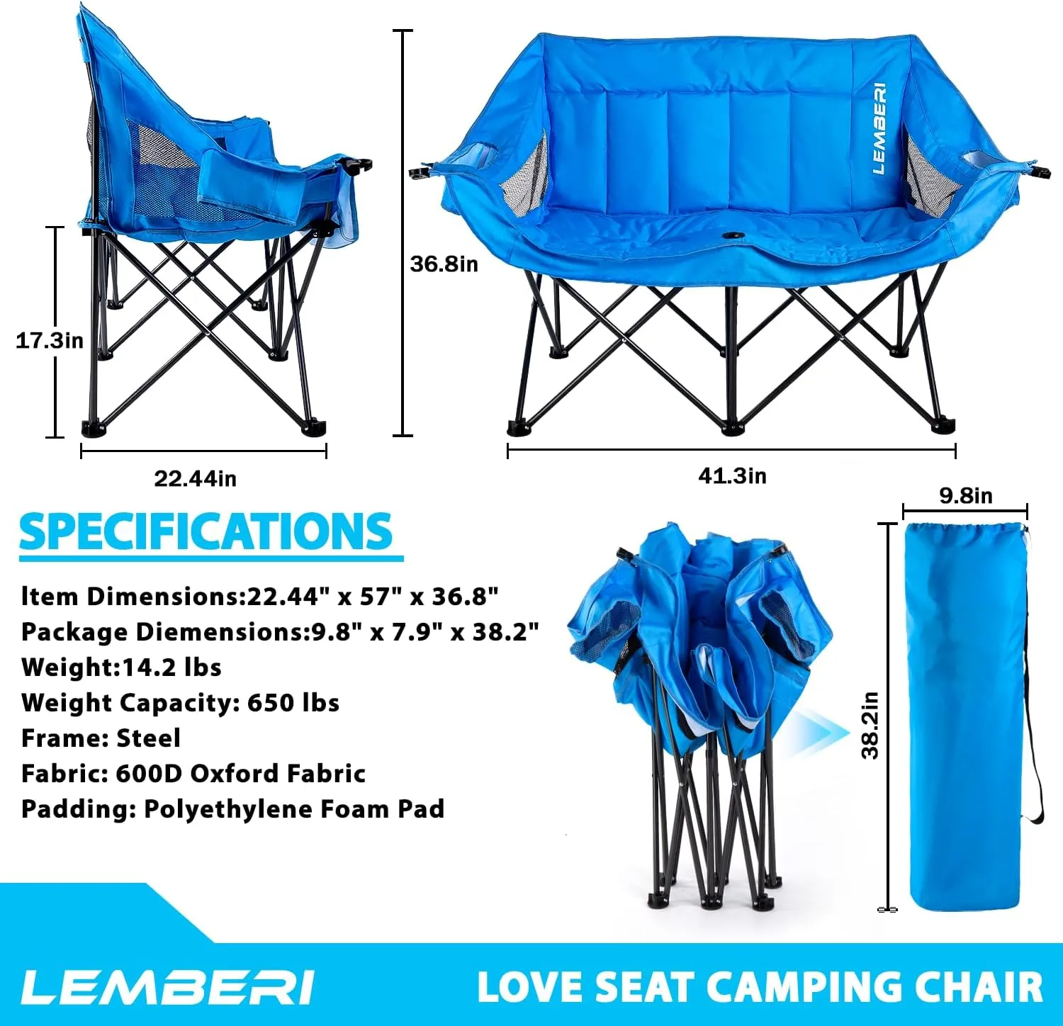 LEMBERI Oversized Outdoor Double Camping Chair with Strap, Portable Folding Loveseat for Adults, XL Heavy Duty Camping Chair Supports to 650lbs with Cup Holders, Glass Holders, Back Storage Bag, Blue