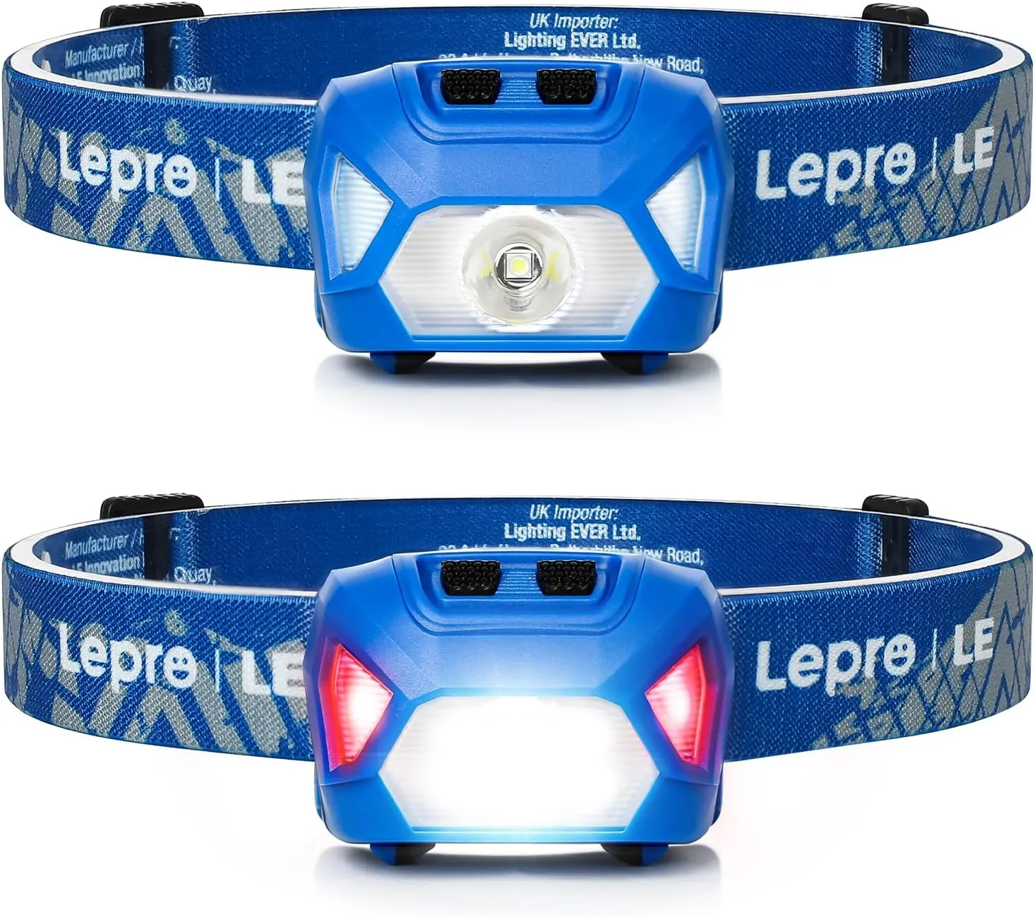 Lepro 320015 Battery Powered Headlamp - 1300Lux Super Bright LED Head Lamp with Red Light, IPX4 Waterproof Headlights for Outdoor Camping, Hiking, Hunting, Power Outages, Emergency, Hurricane - Blue