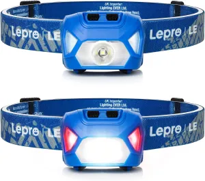 Lepro 320015 Battery Powered Headlamp - 1300Lux Super Bright LED Head Lamp with Red Light, IPX4 Waterproof Headlights for Outdoor Camping, Hiking, Hunting, Power Outages, Emergency, Hurricane - Blue