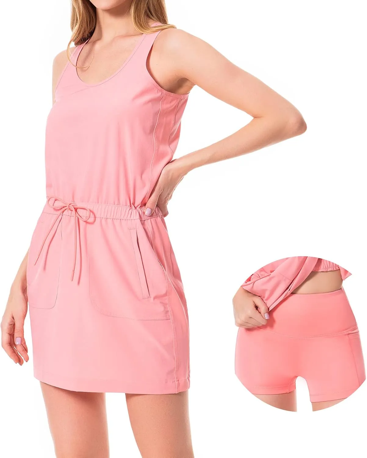 Lightbare Women’s UPF 50  Tank Dress with Pockets Detachable Shorts Drawstring Waist Quick Dry for Hiking Camping Outdoors
