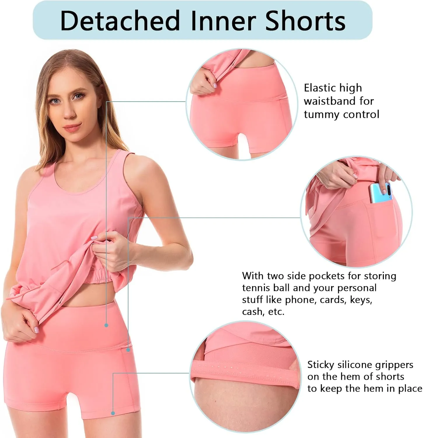 Lightbare Women’s UPF 50  Tank Dress with Pockets Detachable Shorts Drawstring Waist Quick Dry for Hiking Camping Outdoors