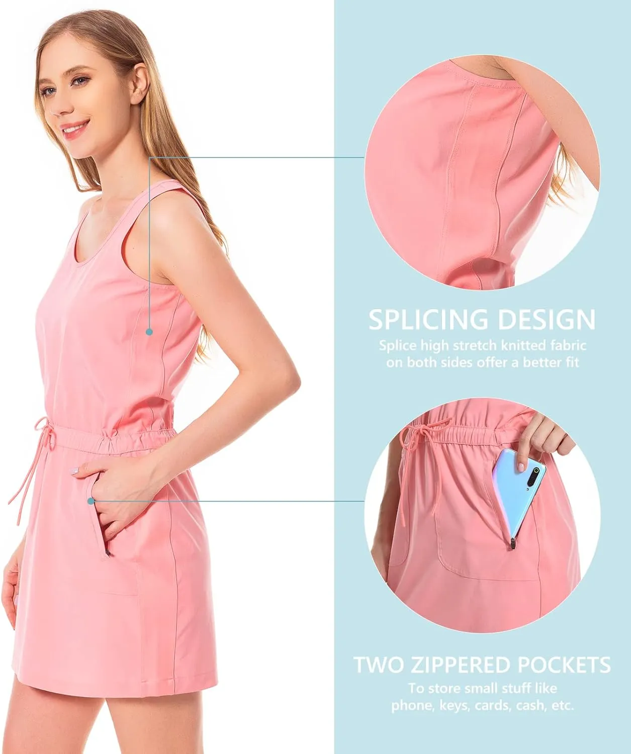 Lightbare Women’s UPF 50  Tank Dress with Pockets Detachable Shorts Drawstring Waist Quick Dry for Hiking Camping Outdoors