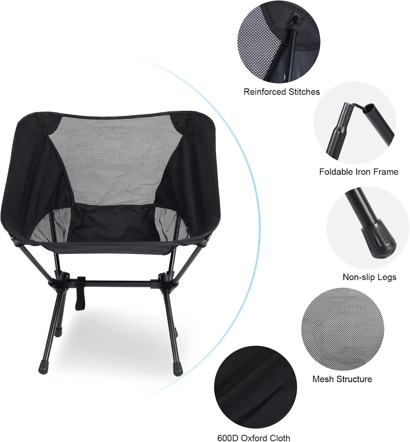 Lightweight Chair Folding Camping Chairs, Backpacking Chair Ultralight Hiking Chairs, Compact Camping Chairs, 176 lbs Weight Capacity, Breathable Mesh Fabric, Black