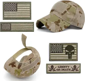 Loneshark Tactical Military Mens Camo Baseball Hat with American Flag Skull Patch Patriotic Operator Camouflage Cap for Women