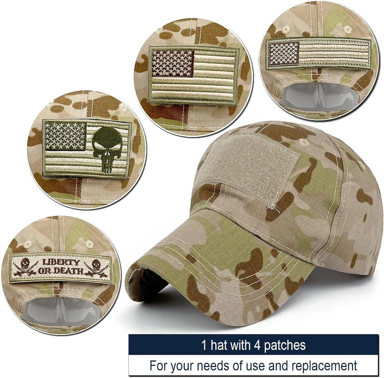 Loneshark Tactical Military Mens Camo Baseball Hat with American Flag Skull Patch Patriotic Operator Camouflage Cap for Women