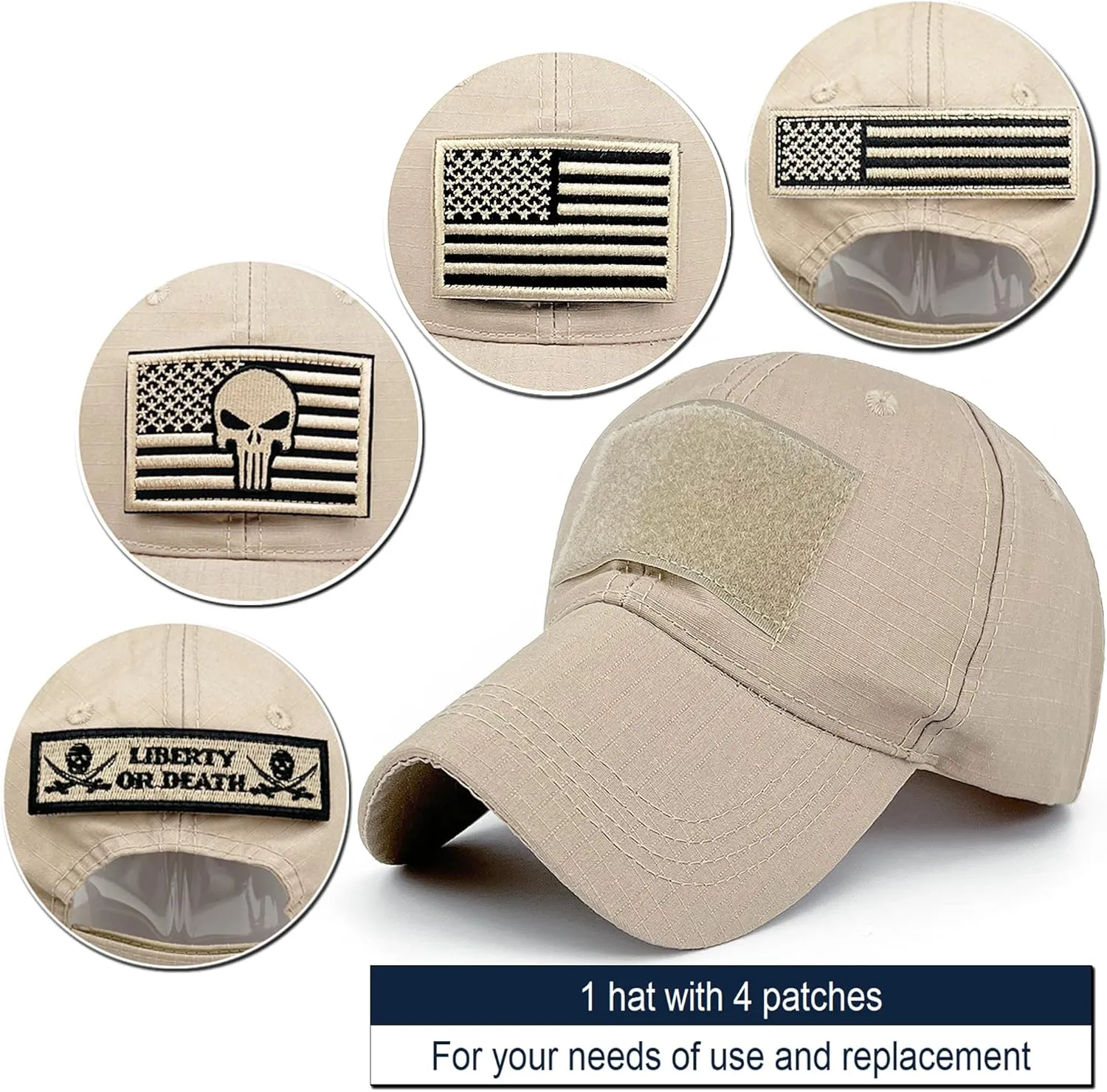 Loneshark Tactical Military Mens Camo Baseball Hat with American Flag Skull Patch Patriotic Operator Camouflage Cap for Women