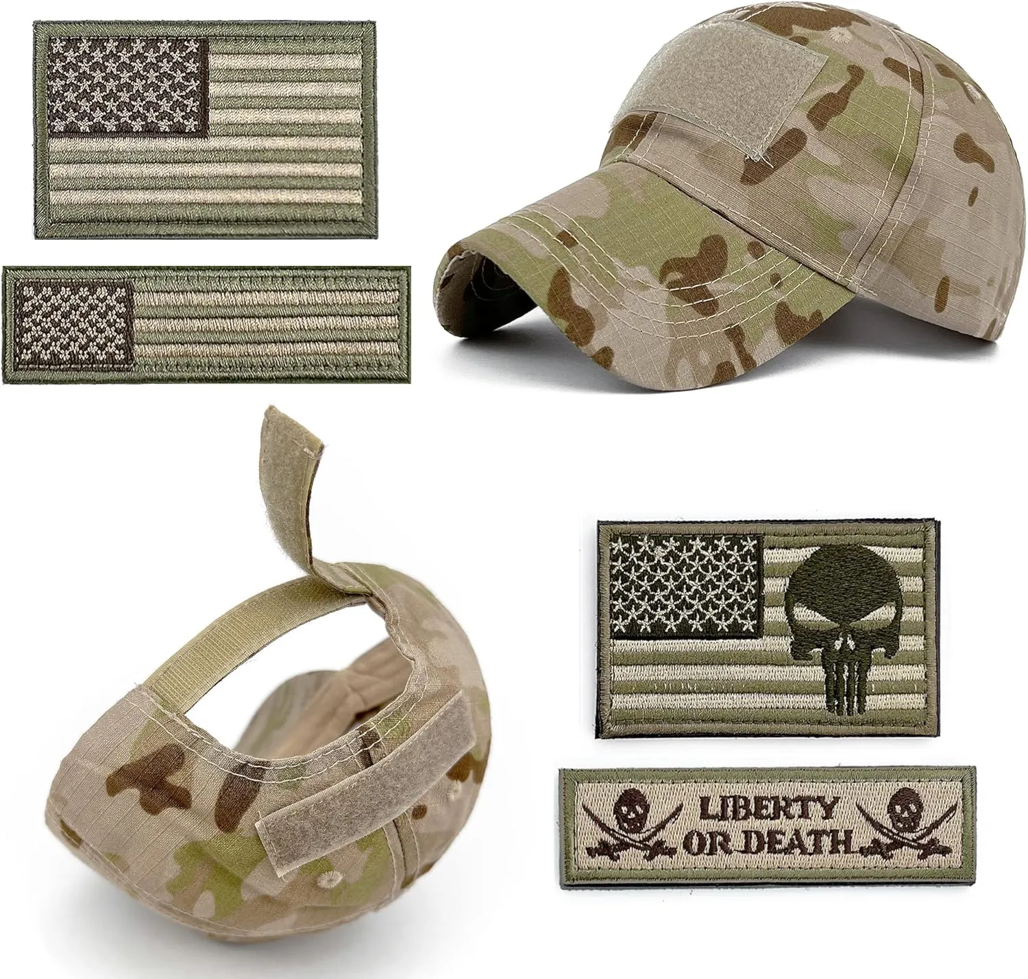 Loneshark Tactical Military Mens Camo Baseball Hat with American Flag Skull Patch Patriotic Operator Camouflage Cap for Women