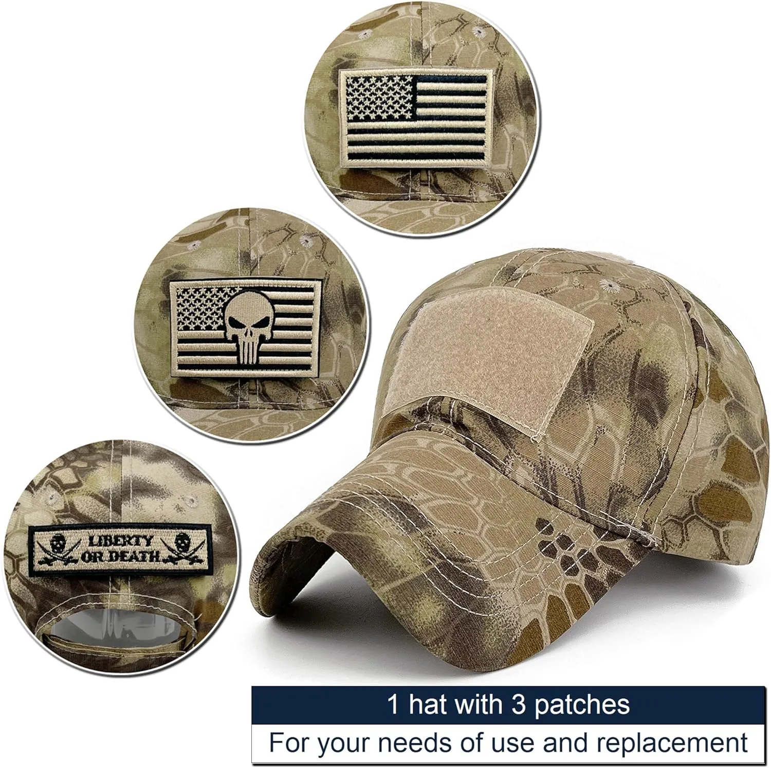 Loneshark Tactical Military Mens Camo Baseball Hat with American Flag Skull Patch Patriotic Operator Camouflage Cap for Women
