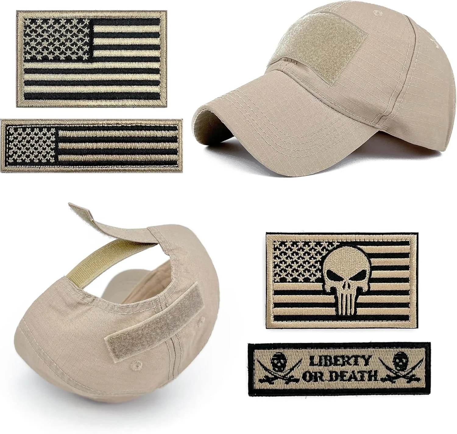 Loneshark Tactical Military Mens Camo Baseball Hat with American Flag Skull Patch Patriotic Operator Camouflage Cap for Women