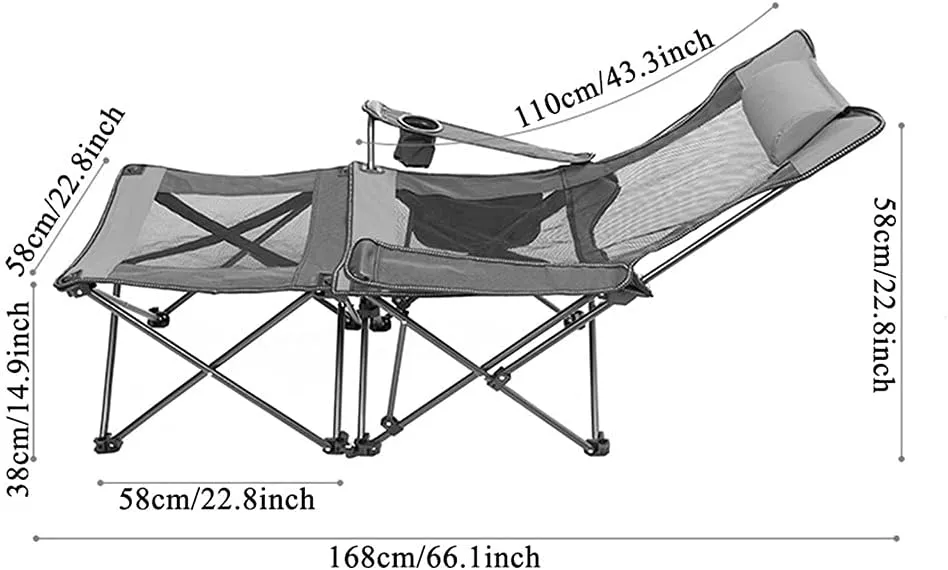 Lounge Chair 2 in 1 Camping Chair with Footrest Recliner Folding Chaise Lounge Chair Portable Beach Travel Lawn with Cup Holder Pillow and Carry Bag for Fishing Picnics/8969(Style1)