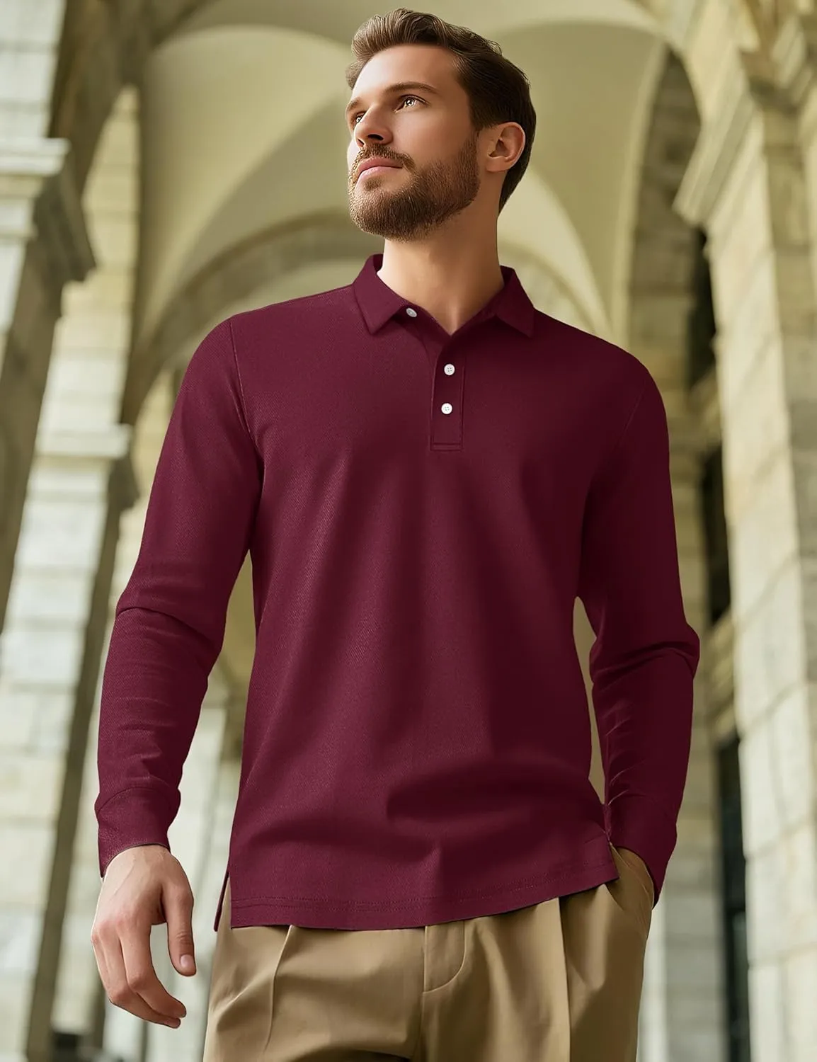 MAGCOMSEN Men's Polo Shirt Long Sleeve Golf Shirts Quick Dry Lightweight 3-Button Performance Work Fishing Athletic