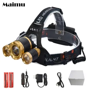 Maimu 13000LM LED T6 Headlamp Head Lamp lighting Light Flashlight Torch Lantern Fishing 18650 battery Car USB AC Charger D17