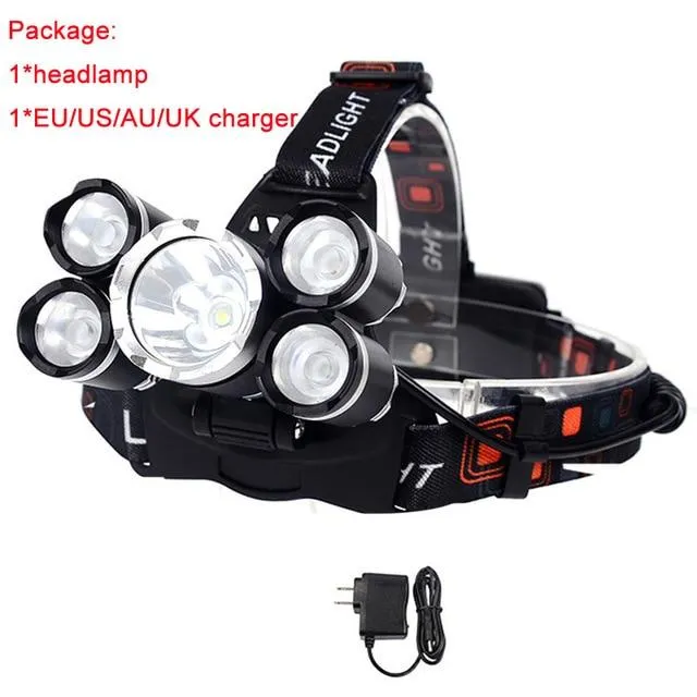 Maimu 15000LM 5 LED Headlight Headlamp Head Lamp Light 4 mode torch Waterproof Powerful Flashlights 18650 battery fishing D04