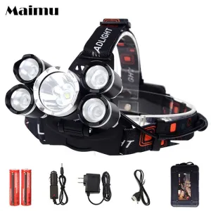 Maimu 15000LM 5 LED Headlight Headlamp Head Lamp Light 4 mode torch Waterproof Powerful Flashlights 18650 battery fishing D04