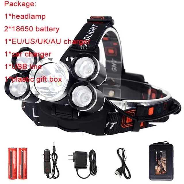 Maimu 15000LM 5 LED Headlight Headlamp Head Lamp Light 4 mode torch Waterproof Powerful Flashlights 18650 battery fishing D04