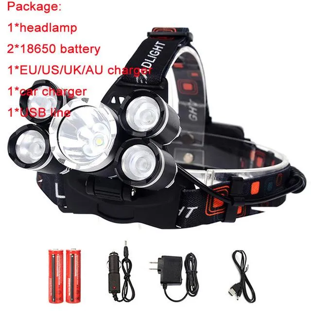 Maimu 15000LM 5 LED Headlight Headlamp Head Lamp Light 4 mode torch Waterproof Powerful Flashlights 18650 battery fishing D04