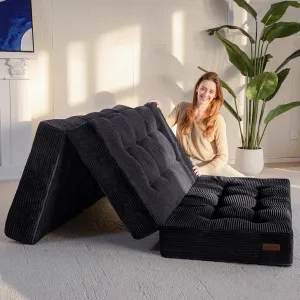 MAXYOYO Tri-Fold Mattress, 6 Inch Tufted Folding Mattress Full Foam Bed, Foldable Floor Mattress Guest Bed Mattress Topper Portable Camping Sleeping Bed with Corded Fabric, Black, 53"x75"