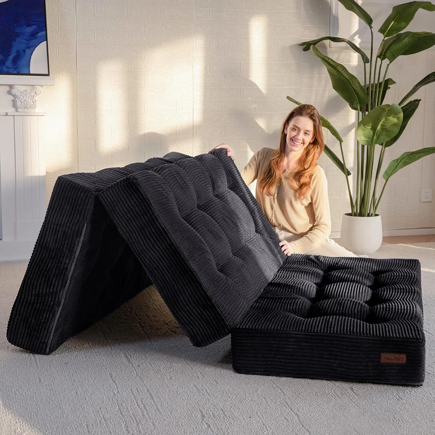 MAXYOYO Tri-Fold Mattress, 6 Inch Tufted Folding Mattress Full Foam Bed, Foldable Floor Mattress Guest Bed Mattress Topper Portable Camping Sleeping Bed with Corded Fabric, Black, 53"x75"