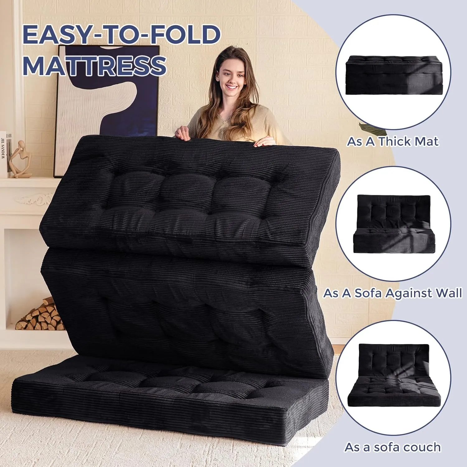 MAXYOYO Tri-Fold Mattress, 6 Inch Tufted Folding Mattress Full Foam Bed, Foldable Floor Mattress Guest Bed Mattress Topper Portable Camping Sleeping Bed with Corded Fabric, Black, 53"x75"