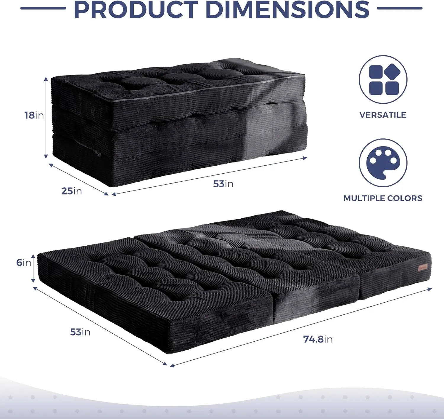 MAXYOYO Tri-Fold Mattress, 6 Inch Tufted Folding Mattress Full Foam Bed, Foldable Floor Mattress Guest Bed Mattress Topper Portable Camping Sleeping Bed with Corded Fabric, Black, 53"x75"