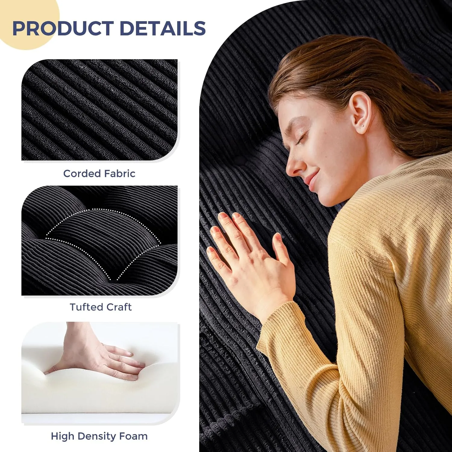 MAXYOYO Tri-Fold Mattress, 6 Inch Tufted Folding Mattress Full Foam Bed, Foldable Floor Mattress Guest Bed Mattress Topper Portable Camping Sleeping Bed with Corded Fabric, Black, 53"x75"