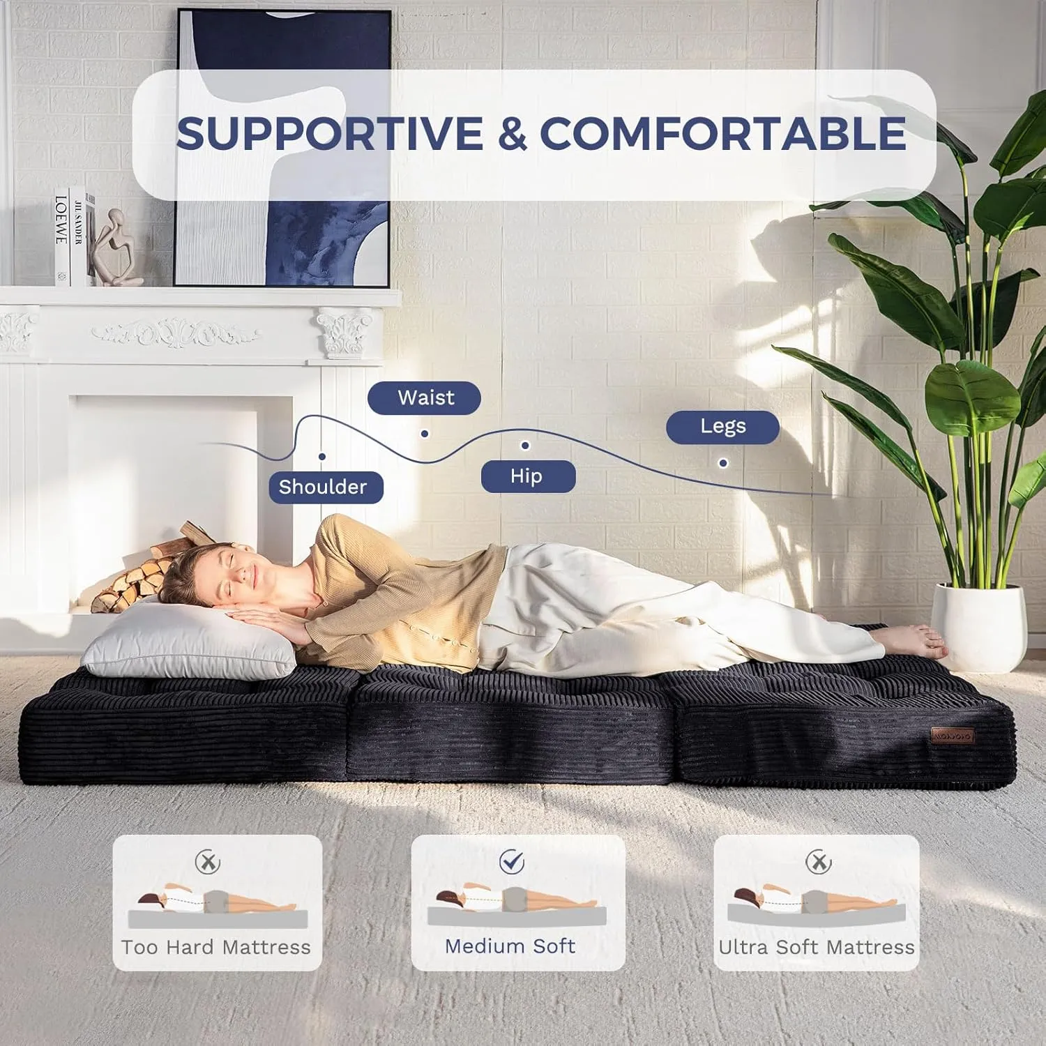 MAXYOYO Tri-Fold Mattress, 6 Inch Tufted Folding Mattress Full Foam Bed, Foldable Floor Mattress Guest Bed Mattress Topper Portable Camping Sleeping Bed with Corded Fabric, Black, 53"x75"