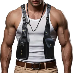 Men's Harness Shoulder Bag Double Shoulder Pocket Sport Vest Outdoors PU Leather Adjustable Strap Phone Holster Bag