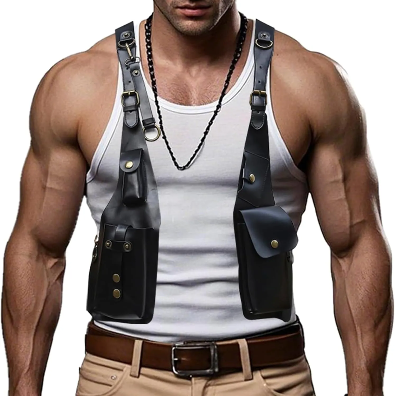 Men's Harness Shoulder Bag Double Shoulder Pocket Sport Vest Outdoors PU Leather Adjustable Strap Phone Holster Bag