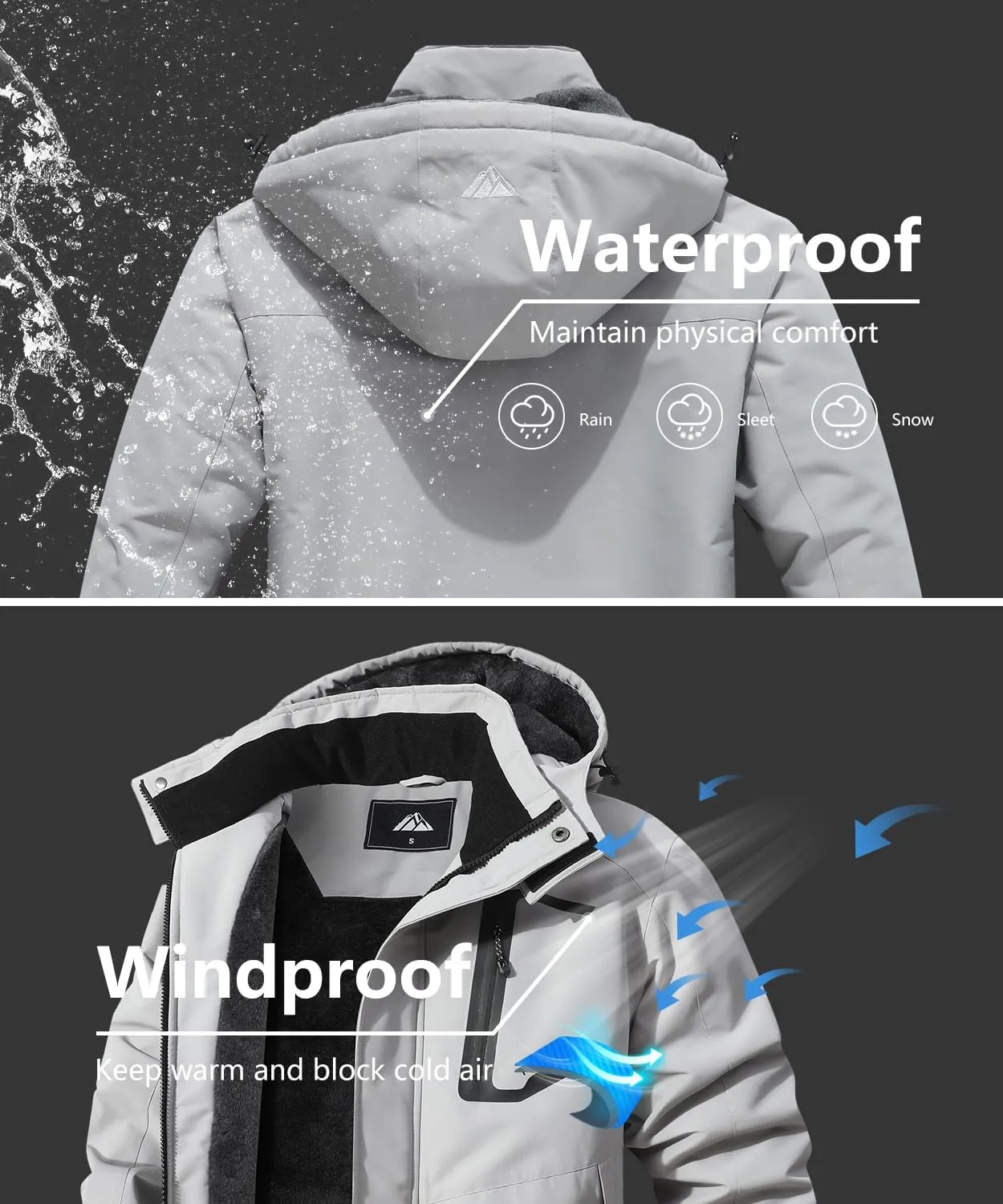 Men's Mountain Ski Jacket Waterproof Winter Coat Warm Snowboarding Jacket Snow Windbreaker Hooded for Hiking
