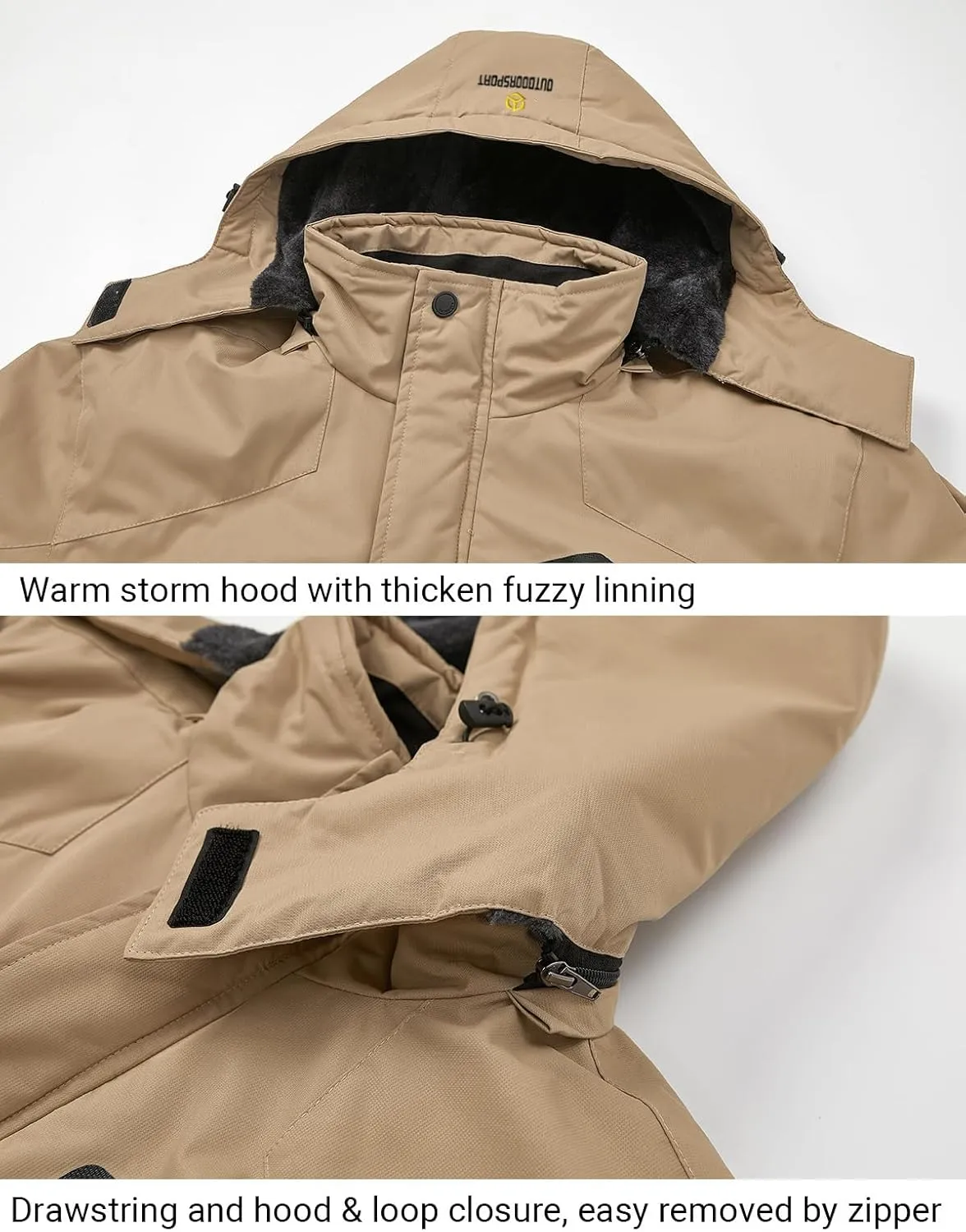 Men's Winter Ski Jacket Warm Fleece Waterproof Outdoor Mountain Hiking Windbreaker Hooded Snow Rain Coat