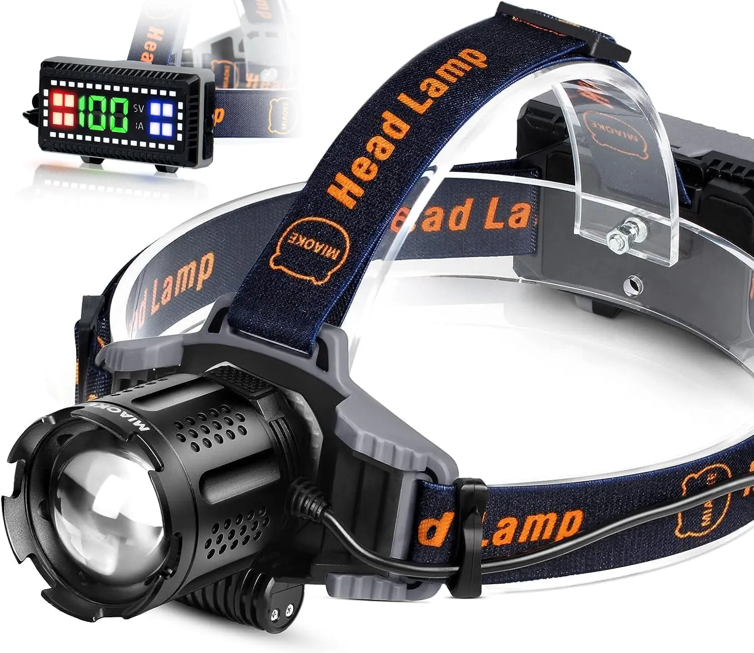 MIAOKE Led Headlamp, USB Rechargeable Headlamp 100000 Lumen Super Bright IPX5 Waterproof 4 Modes with Power Indicator and Warning Light for Adult Running Outdoor Camping Hiking Fishing/Warrior