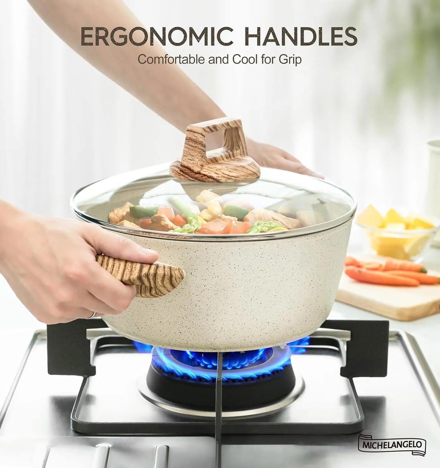 MICHELANGELO 4.3 Quart Nonstick Soup Pot with Lid, Non-Toxic Granite Coating, Induction Compatible, Non Stick Pot for Cooking with Stay-cool Handles, White